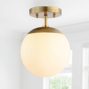 Marcel Bistro 7.75" Bohemian Farmhouse Iron/Frosted Glass LED Semi Flush Mount - JONATHAN Y
